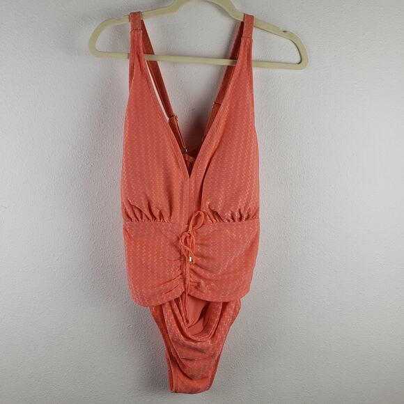 Terra & Sky Women's 1X Plunge Neck One Piece Swimsuit Orange Peach Zig Zag New - Picture 1 of 5